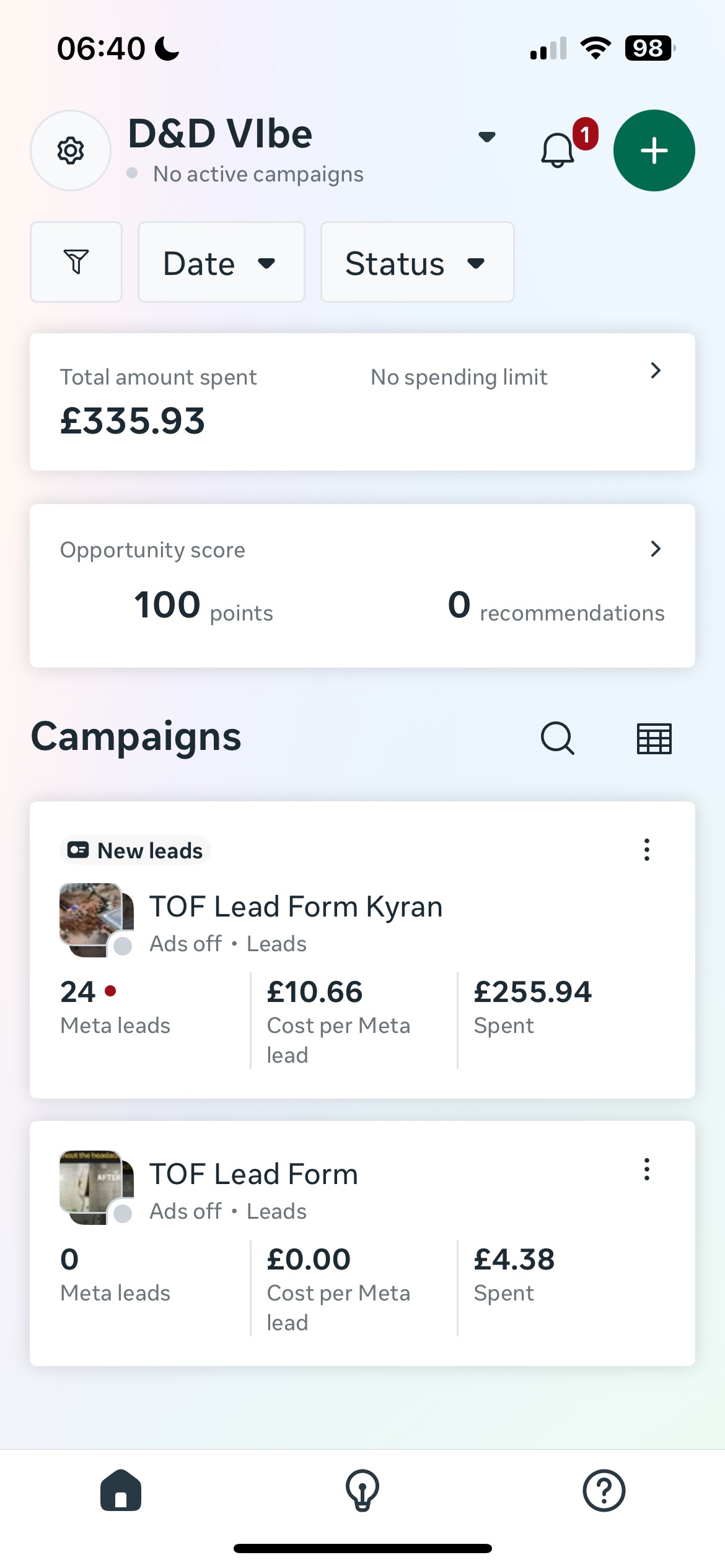 Campaign dashboard showing 24 leads with £10.66 cost per lead